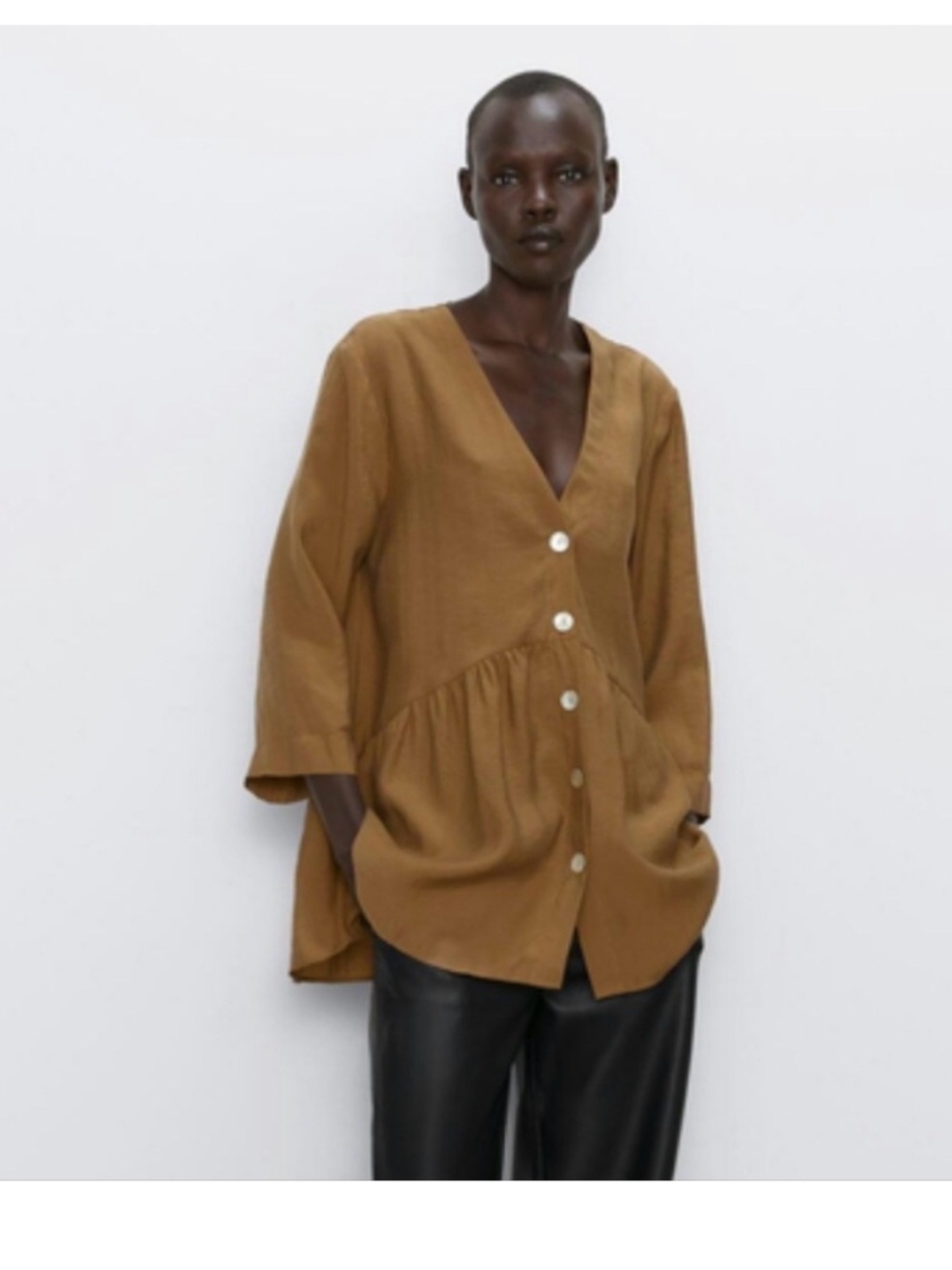 Zara Oversized Button-Front Tunic in Camel